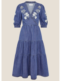 Rochie Dianna tip wrap din denim albastru, cu broderie