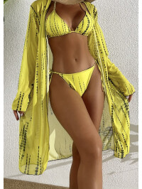 Set bikini cu dungi tie-dye,sutein și slip uni, cu cover-up asortat pentru plajă-Galben-M