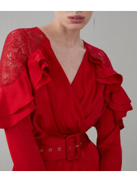 ROCHIE CU DANTELA SI VOLANE-Rosu